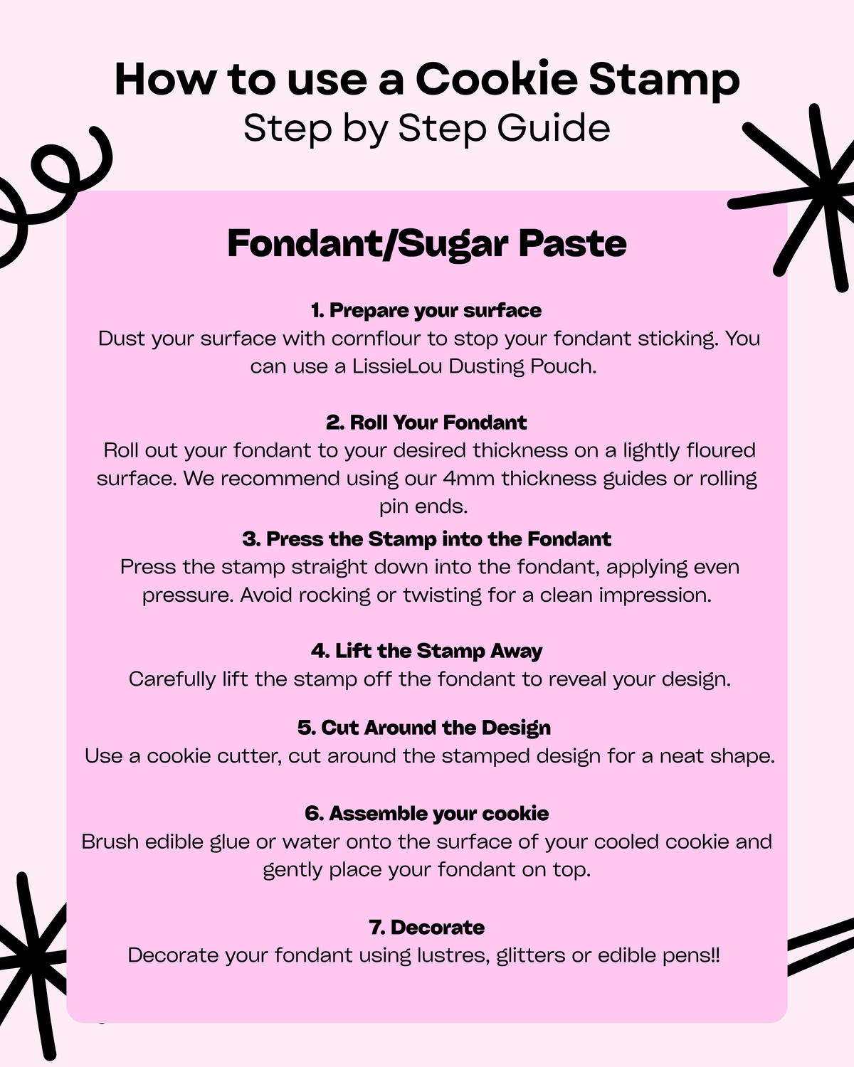A pink and white step-by-step guide titled 'How to use a Cookie Stamp Step by Step Guide' with numbered instructions for making fondant/sugar paste, shown on a clean graphic background with decorative black starburst shapes.