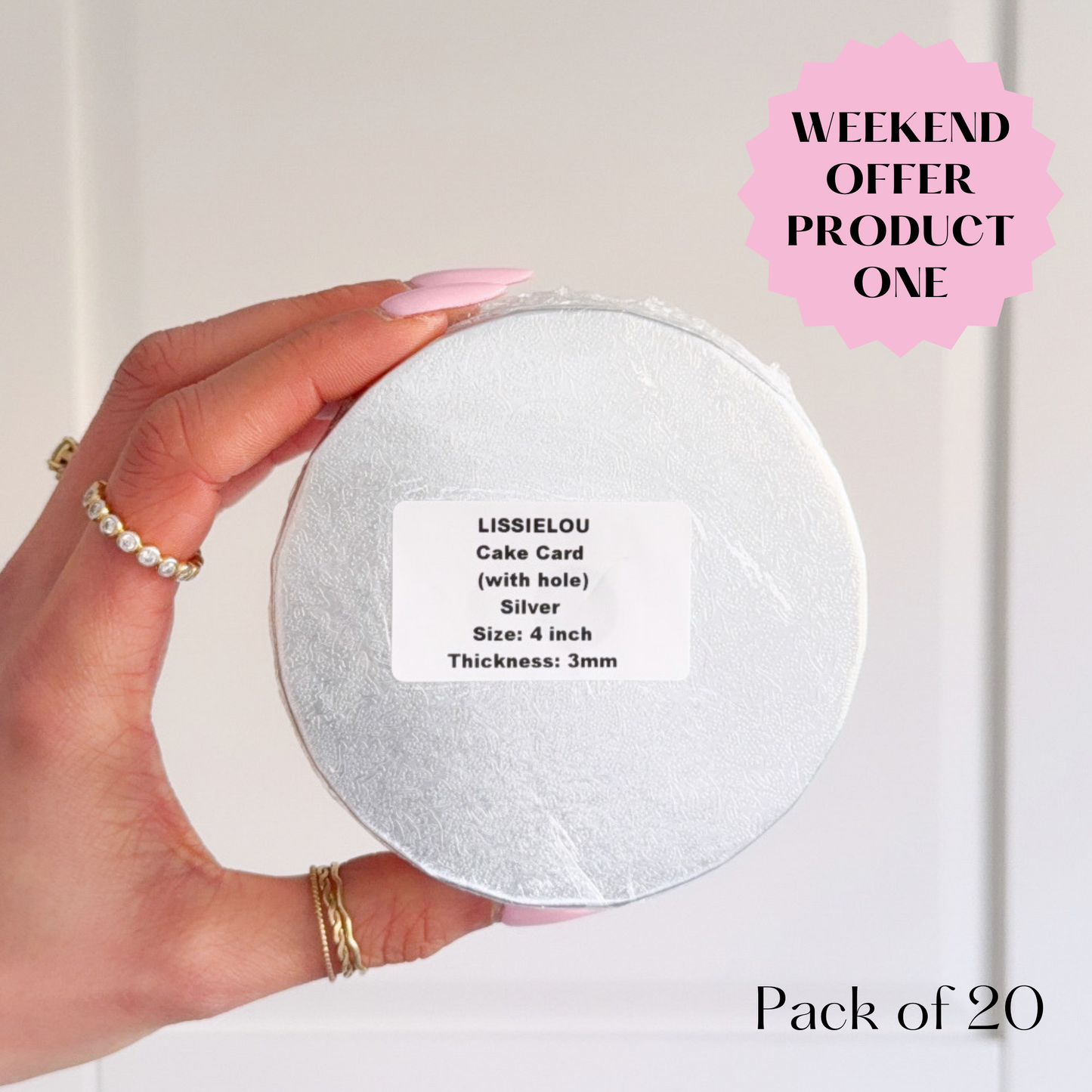 PINK WEEKEND OFFER PRODUCT 1: 4 inch Pack of 10 - Silver Round Cake Card 3mm Thick with Dowelling Hole