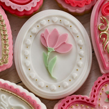 Whimsical Oval “Tulip” Plaque Valentine's 3D Cookie Stamp and Cutter by Bakes+Whimsy
