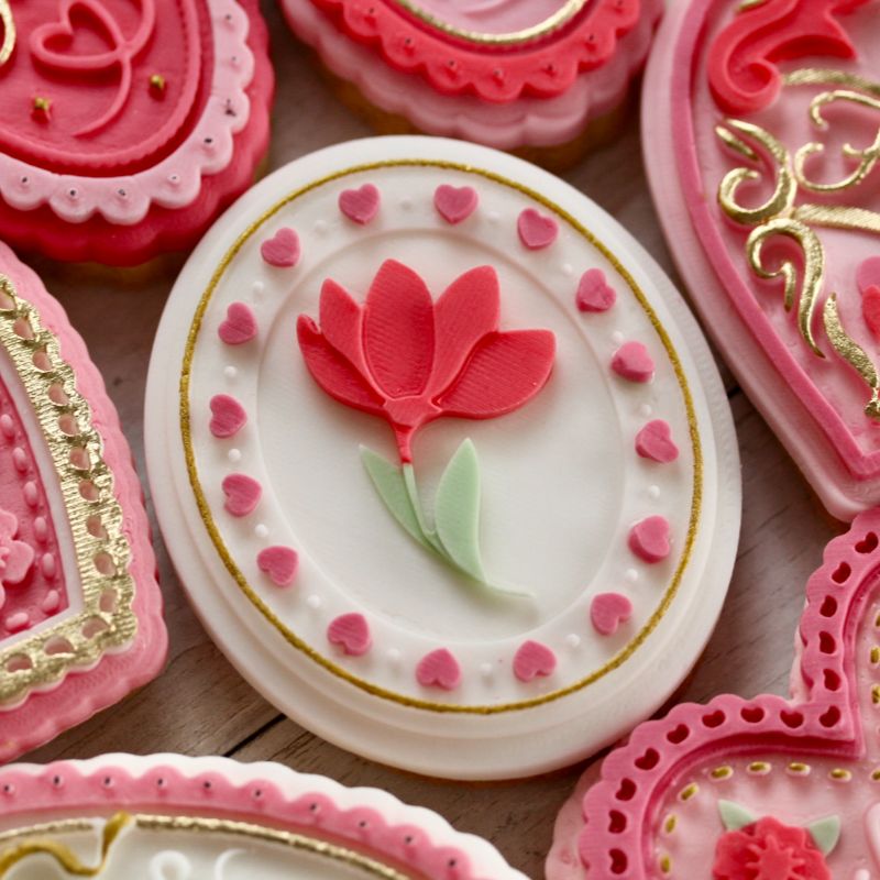 Whimsical Oval “Tulip” Plaque Valentine's 3D Cookie Stamp and Cutter by Bakes+Whimsy