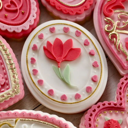 Whimsical Oval “Tulip” Plaque Valentine's 3D Cookie Stamp and Cutter by Bakes+Whimsy