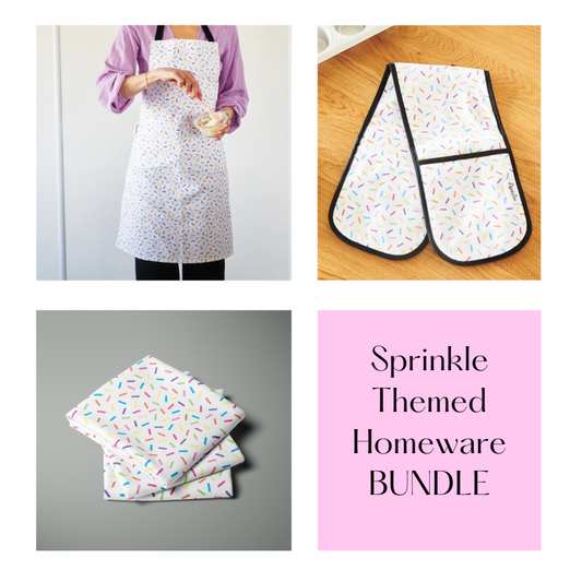 Sprinkle Themed Homeware BUNDLE - Matching Apron, Oven Gloves and Tea Towel