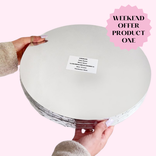 PINK WEEKEND OFFER PRODUCT 1: Pack of 5 - 14 inch Mirror Silver MDF Cake Board Drum 9mm Thick