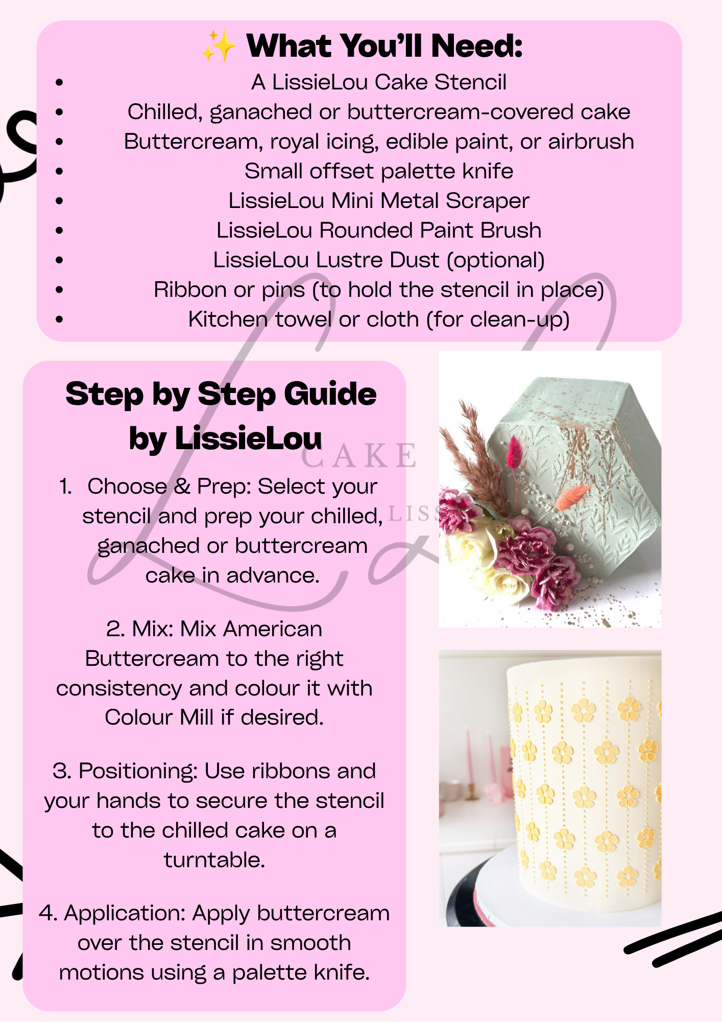 A pink and white instructional graphic for making a LissieLou cake stencil, showing a checklist of materials and a step-by-step guide with photos of a decorated cake and a square stencil on a white surface.