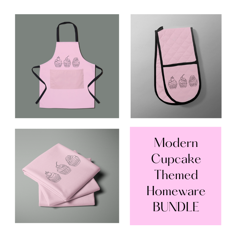 Modern Cupcakes Themed Homeware BUNDLE - Matching Apron, Oven Gloves and Tea Towel