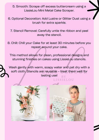 A pink instructional graphic with numbered text about cleaning and maintaining LissieLou Mini Metal Cake Scraper stencils, plus two small photos showing a decorated cake and a woman holding the stencils.