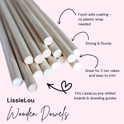 LissieLou food-safe wooden cake dowels – 14-inch long, 12mm thick supports for tiered cakes