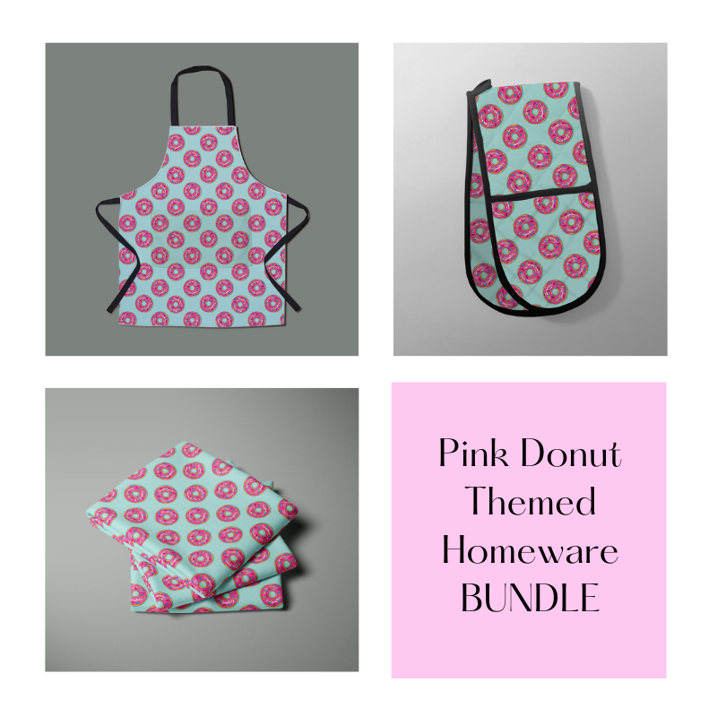 Pink Donut Themed Homeware BUNDLE - Matching Apron, Oven Gloves and Tea Towel