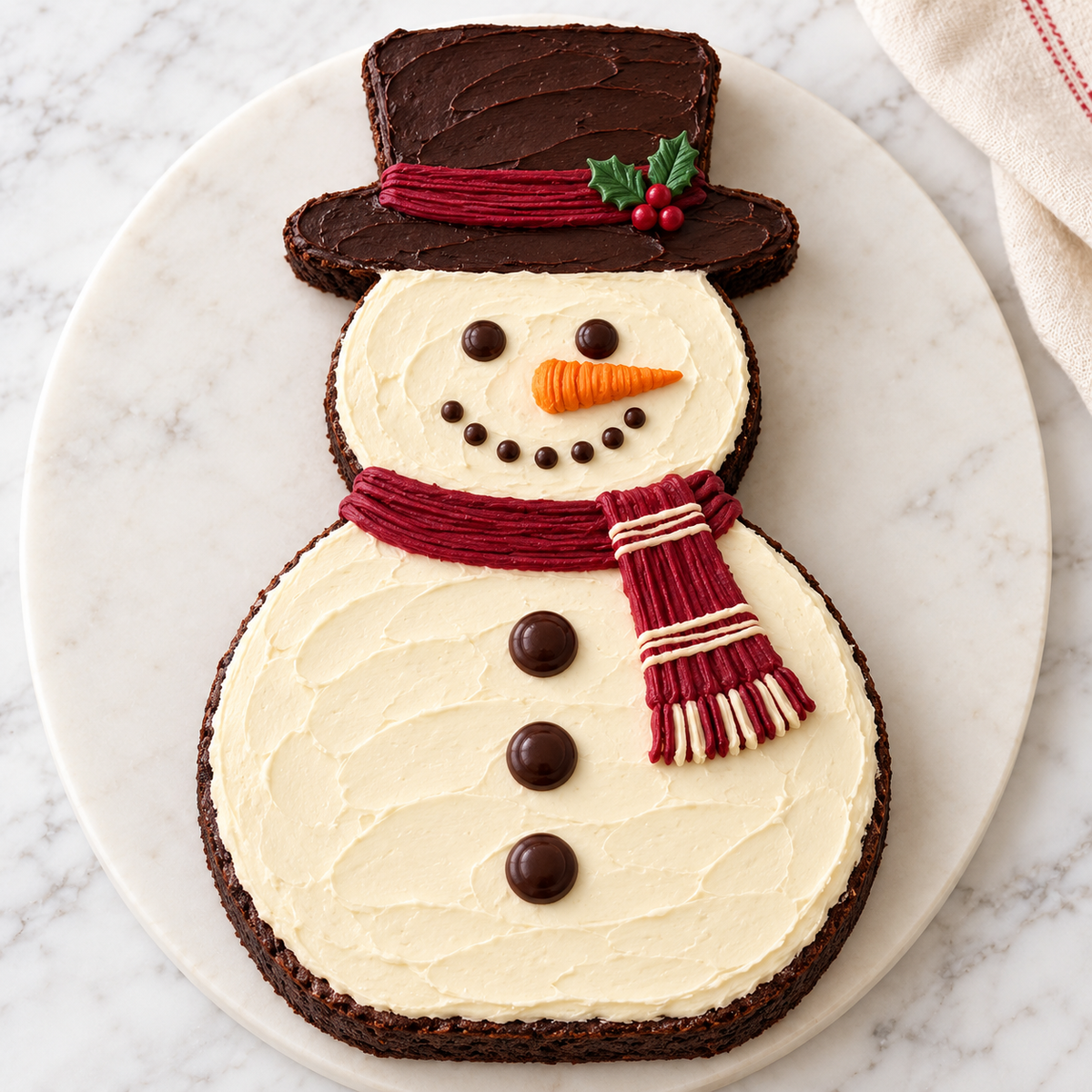 A snowman-shaped cake decorated with cream frosting, dark brown chocolate brownies for the base, a red and cream striped scarf, a small orange carrot nose, and a dark brown top hat with a holly accent, presented on a white marble plate.