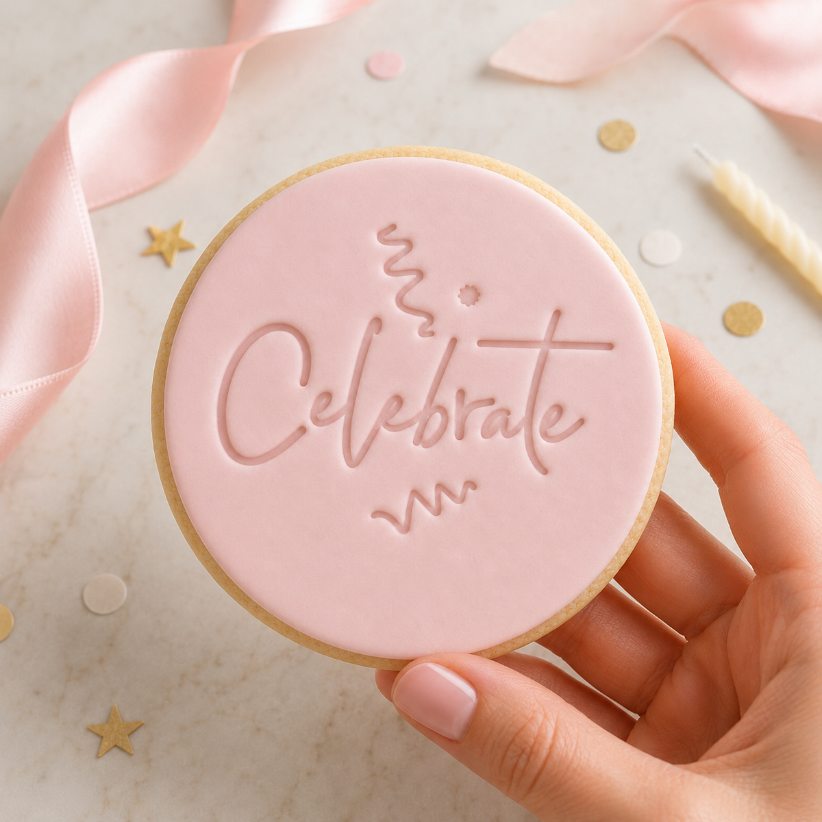 Celebrate Cookie Stamp in hand