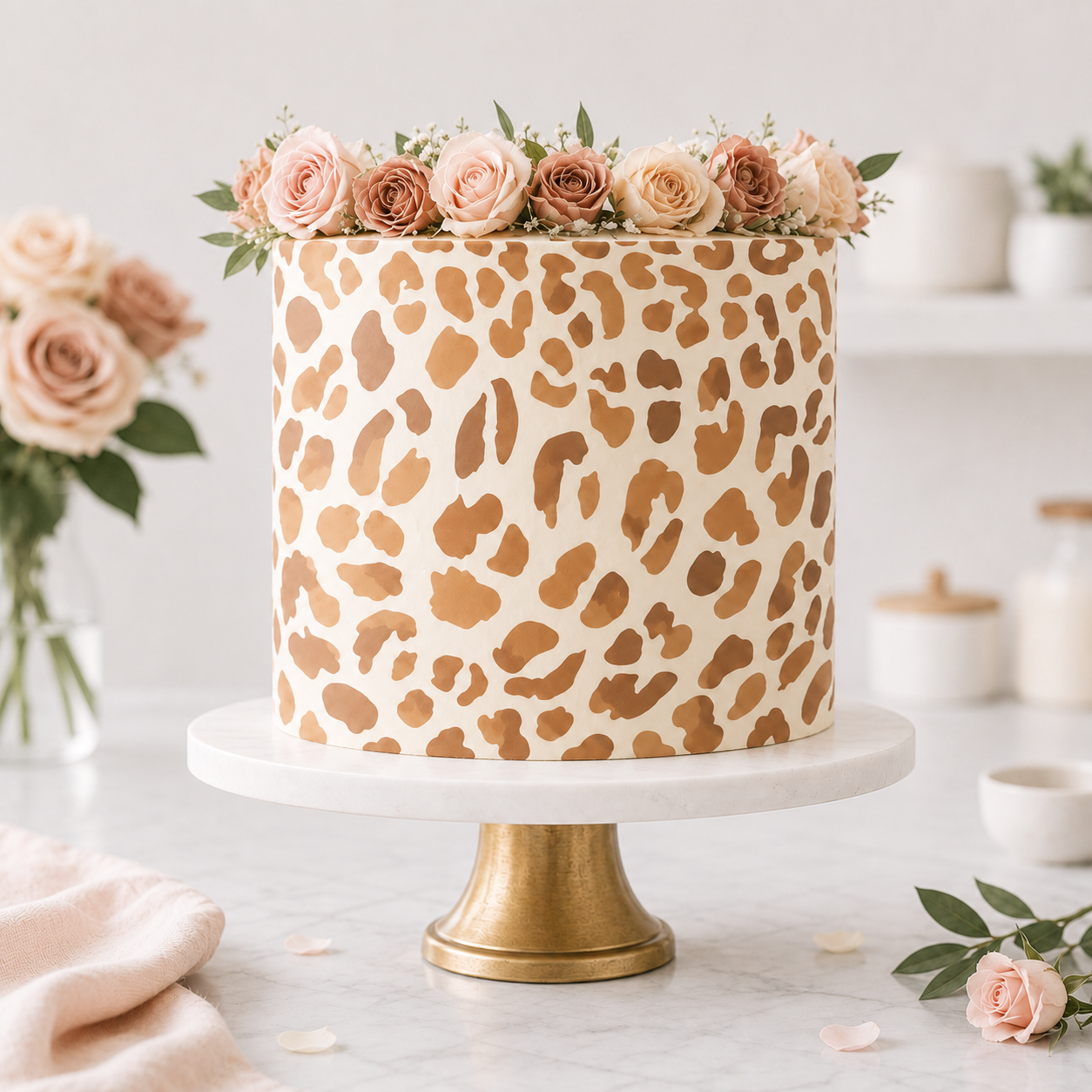 A tall round cake with an off-white base and metallic gold leopard print pattern, decorated with a top row of pink and peach roses, displayed on a white marble and gold pedestal stand.