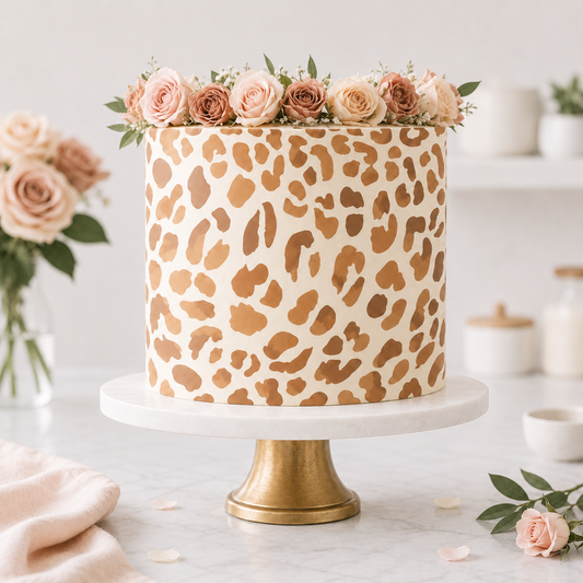 A tall round cake with an off-white base and metallic gold leopard print pattern, decorated with a top row of pink and peach roses, displayed on a white marble and gold pedestal stand.