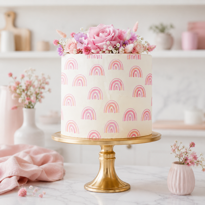 A frosted cake with a pink and peach rainbow pattern sits on a gold pedestal stand in a softly styled kitchen setting, topped with pink and purple flowers.