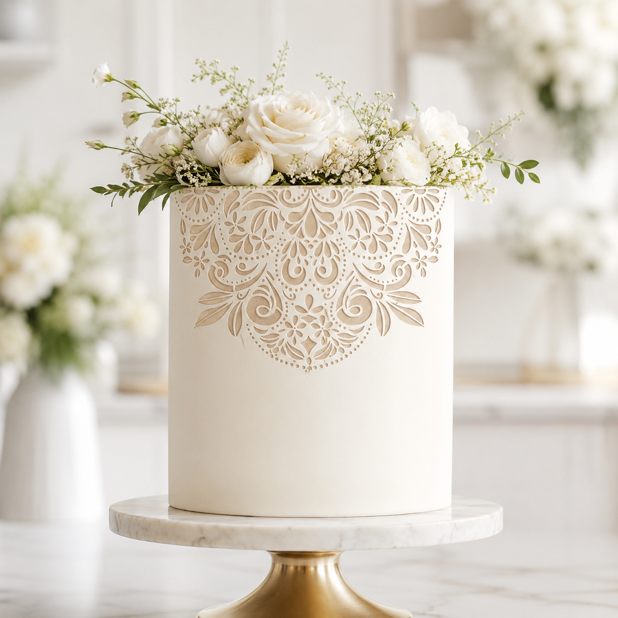 A frosted cream cake with an intricate laser-cut lace pattern on the front, topped with white roses and green foliage, displayed on a white marble and gold pedestal stand.