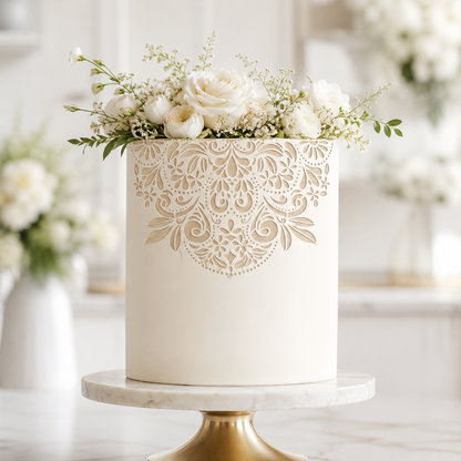A frosted cream cake with an intricate laser-cut lace pattern on the front, topped with white roses and green foliage, displayed on a white marble and gold pedestal stand.