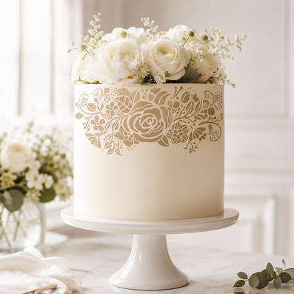 A cream-colored round cake with a gold floral laser-cut pattern on the side, topped with white roses and baby's breath, displayed on a white cake stand in a bright, elegant setting.