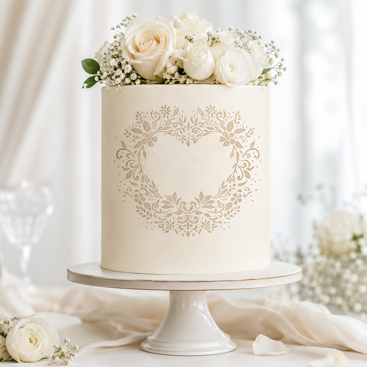 A cream-colored wedding cake with a gold heart-shaped floral stencil design on the side, topped with white roses and baby's breath, displayed on a white cake stand.