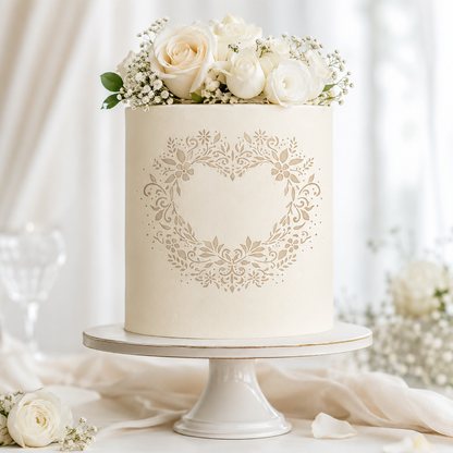 A cream-colored wedding cake with a gold heart-shaped floral stencil design on the side, topped with white roses and baby's breath, displayed on a white cake stand.