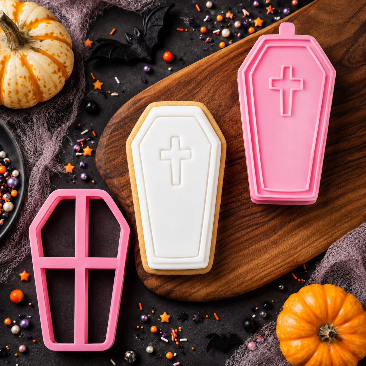Halloween-themed cookies shaped like coffins on a wooden board with decorative elements.