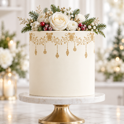 A round white frosted cake on a marble and gold pedestal stand, decorated with a gold ornamental border and topped with white flowers, greenery, and red berries. The background is a softly blurred festive indoor setting with warm lights.
