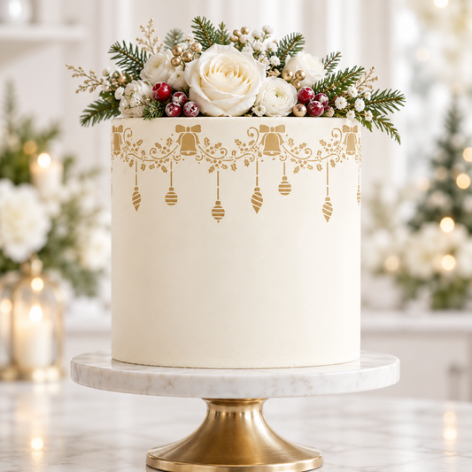 A round white frosted cake on a marble and gold pedestal stand, decorated with a gold ornamental border and topped with white flowers, greenery, and red berries. The background is a softly blurred festive indoor setting with warm lights.