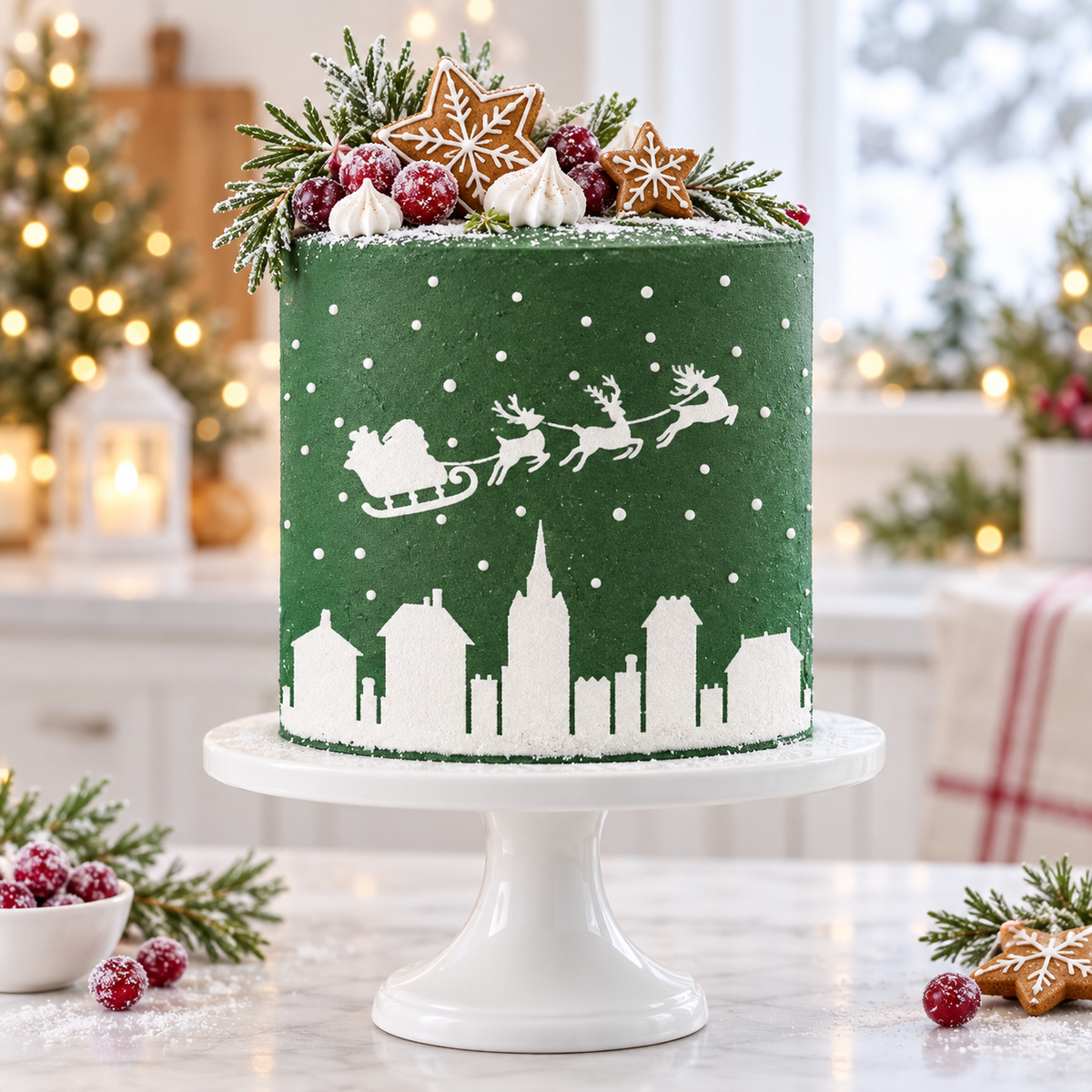 A round green Christmas cake with white icing details of a city skyline and sleigh, decorated with greenery, meringues, and gingerbread cookies, displayed on a white cake stand in a festive holiday kitchen setting.