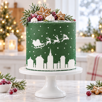 A round green Christmas cake with white icing details of a city skyline and sleigh, decorated with greenery, meringues, and gingerbread cookies, displayed on a white cake stand in a festive holiday kitchen setting.