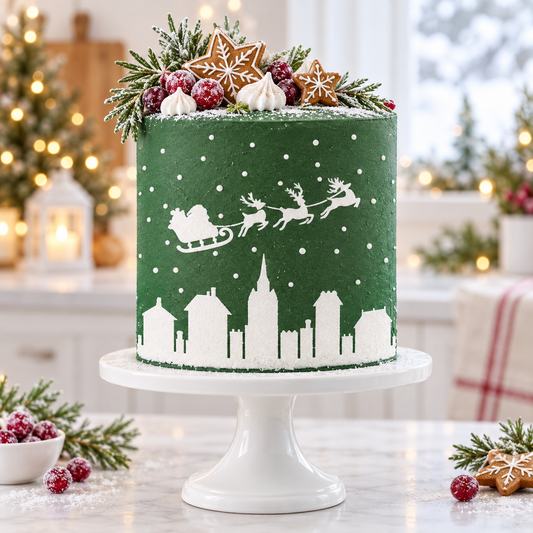 A round green Christmas cake with white icing details of a city skyline and sleigh, decorated with greenery, meringues, and gingerbread cookies, displayed on a white cake stand in a festive holiday kitchen setting.