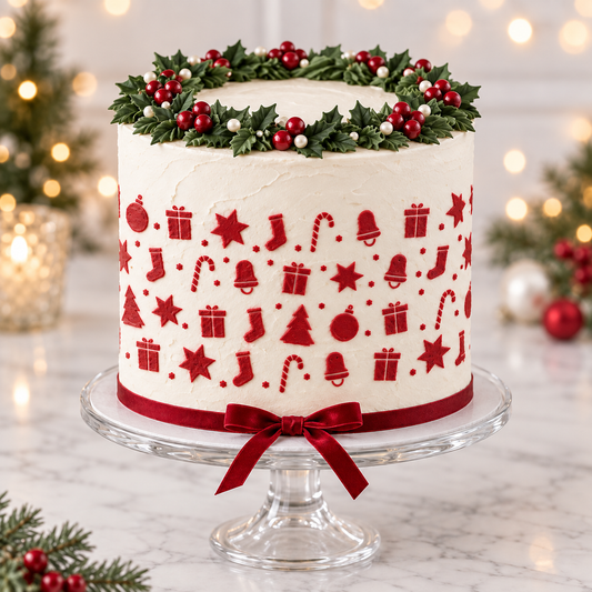 A frosted white cake on a clear glass pedestal stand, decorated with a red ribbon, red holiday icons, and a green holly berry wreath on top. The background shows a softly blurred festive interior with warm lights and greenery.