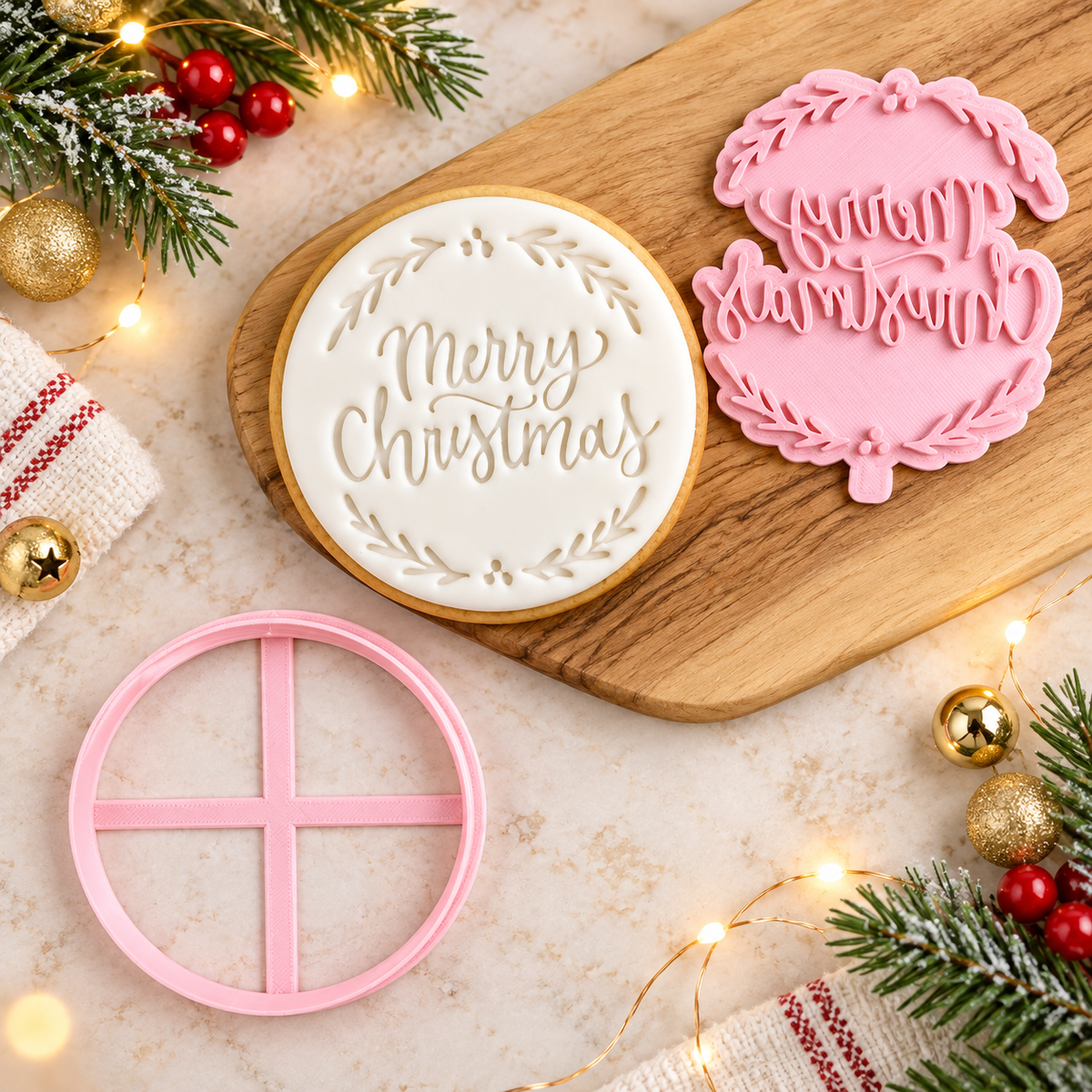 A pink circular cookie cutter with a cross shape is displayed alongside a decorated Christmas cookie and a pink tree-shaped icing stamp on a wooden board, surrounded by holiday decorations including pine branches, red berries, and string lights.