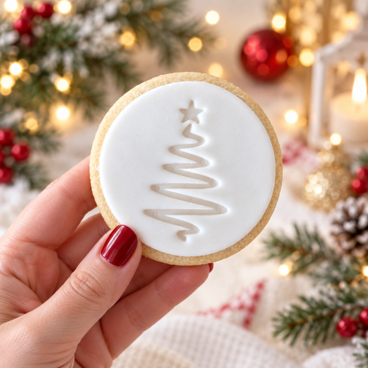 A hand with red nail polish holds a round sugar cookie decorated with white icing and a light brown Christmas tree design, set against a festive holiday background with lights, pine branches, and ornaments.