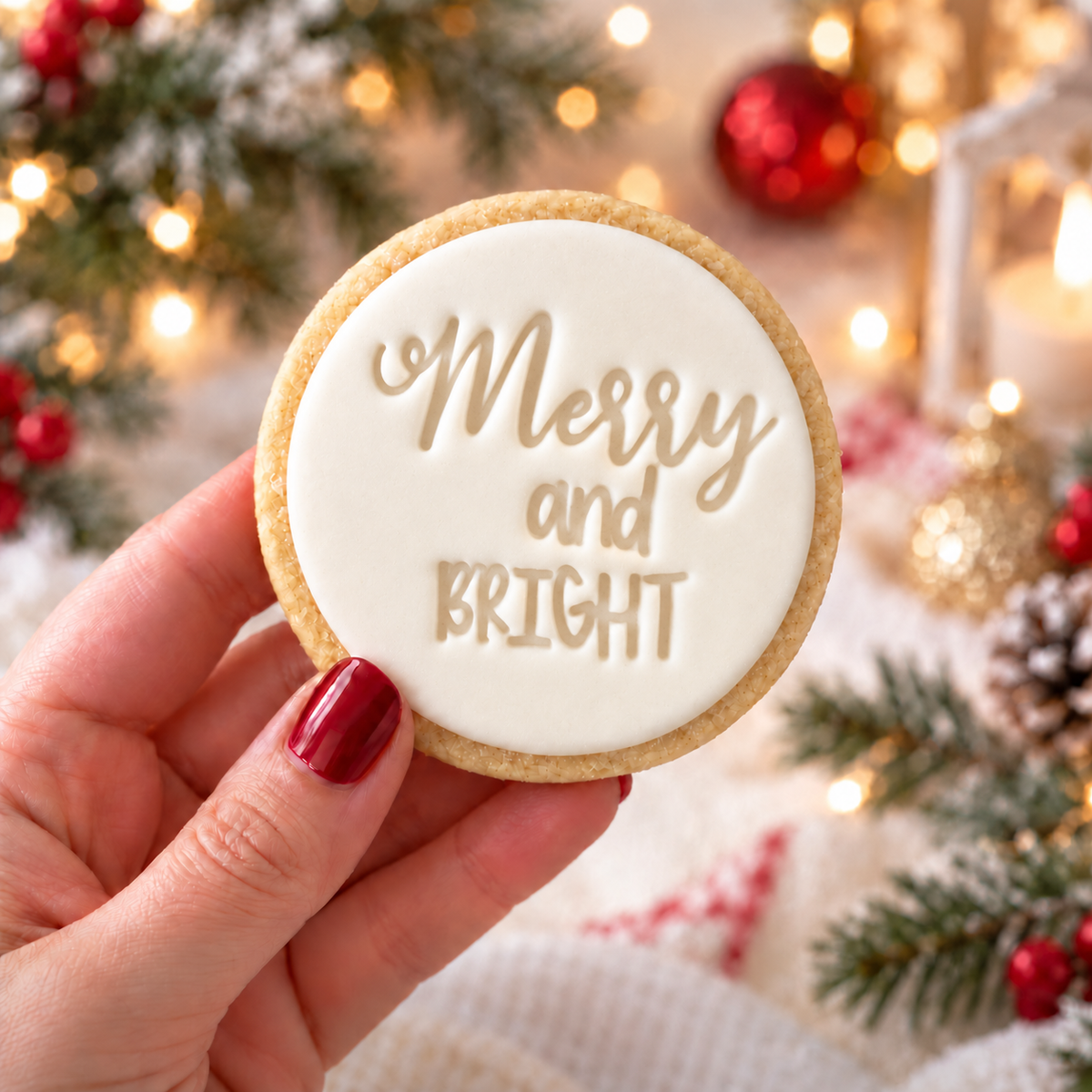 A hand with red nail polish holds a round sugar cookie decorated with white icing and the words 'Merry and BRIGHT' in gold. The background is a festive Christmas scene with blurred lights, ornaments, and pine branches.