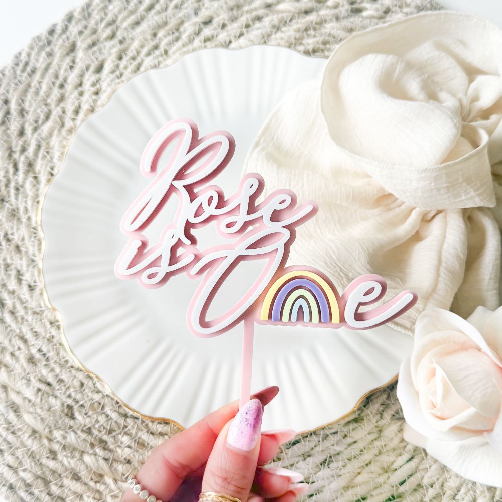 Rose Font with Rainbow Double Layer Cake Topper or Motif - 1st Birthday Cake Topper