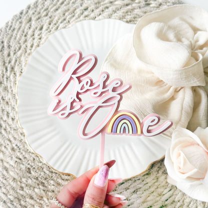Rose Font with Rainbow Double Layer Cake Topper or Motif - 1st Birthday Cake Topper