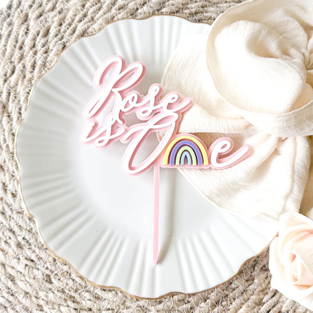 Rose Font with Rainbow Double Layer Cake Topper or Motif - 1st Birthday Cake Topper