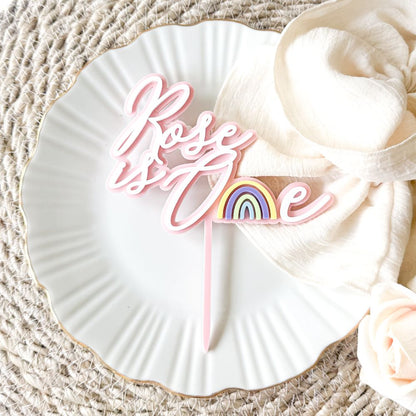 Rose Font with Rainbow Double Layer Cake Topper or Motif - 1st Birthday Cake Topper