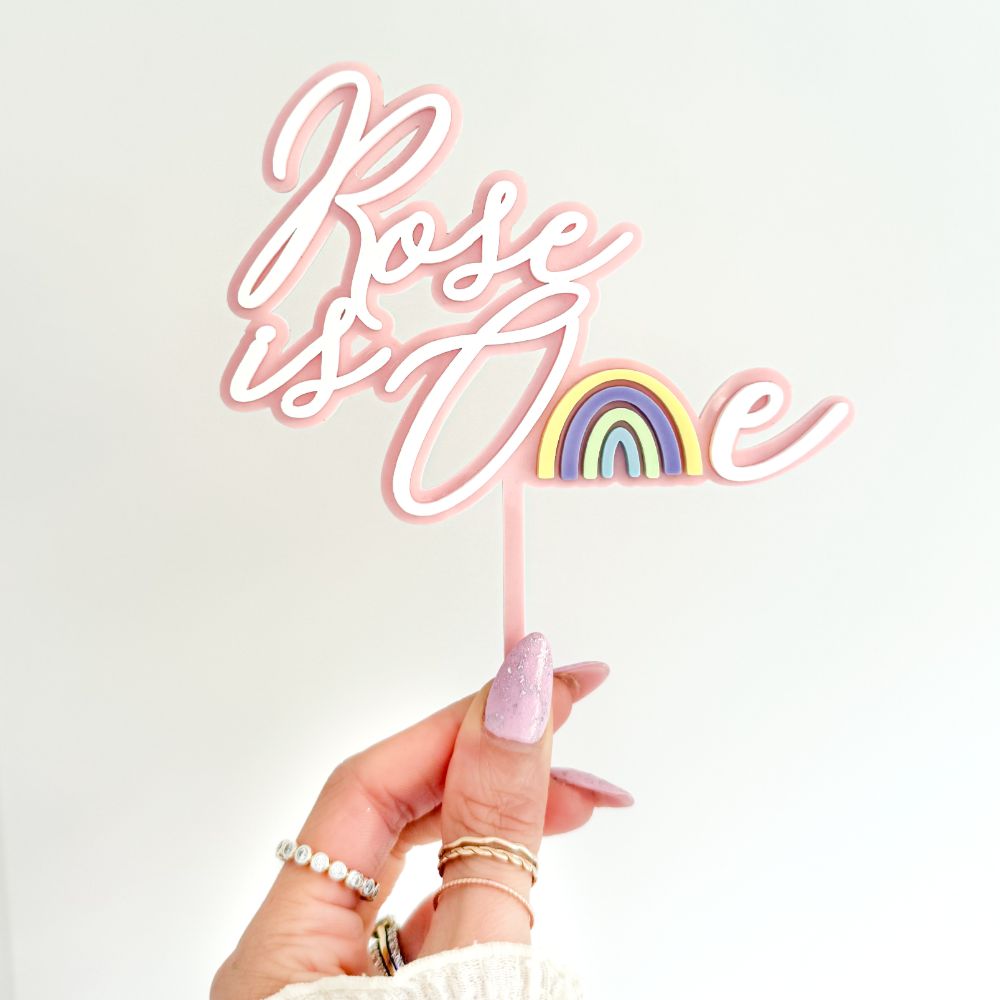 Rose Font with Rainbow Double Layer Cake Topper or Motif - 1st Birthday Cake Topper