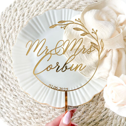 Floral Circle Wedding Custom Cake Topper or Cake Motif Premium 3mm Acrylic or Birch Wood