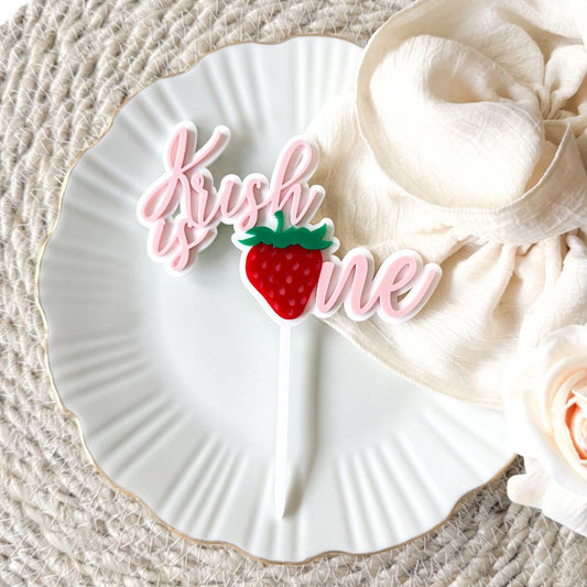 Krish Font with Strawberry Double Layer Cake Topper or Motif
