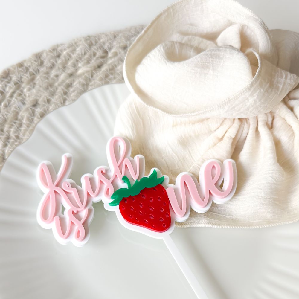 Krish Font with Strawberry Double Layer Cake Topper or Motif