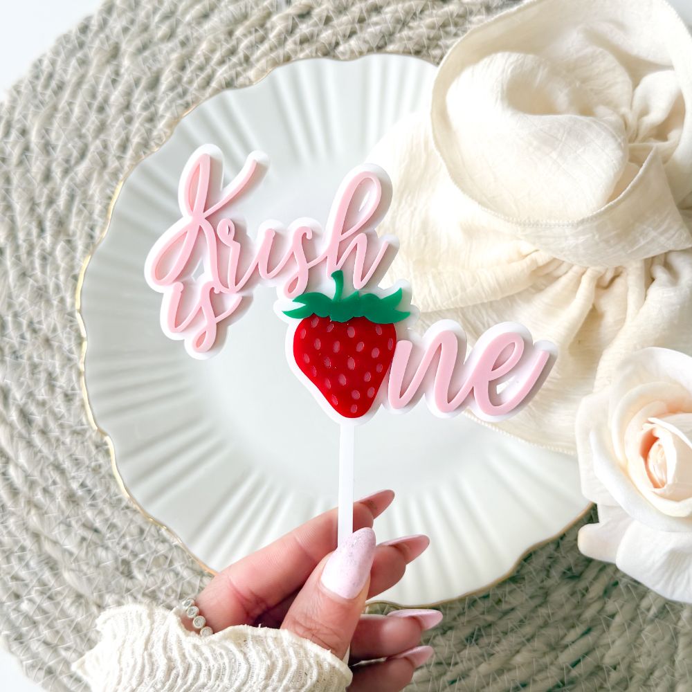 Krish Font with Strawberry Double Layer Cake Topper or Motif