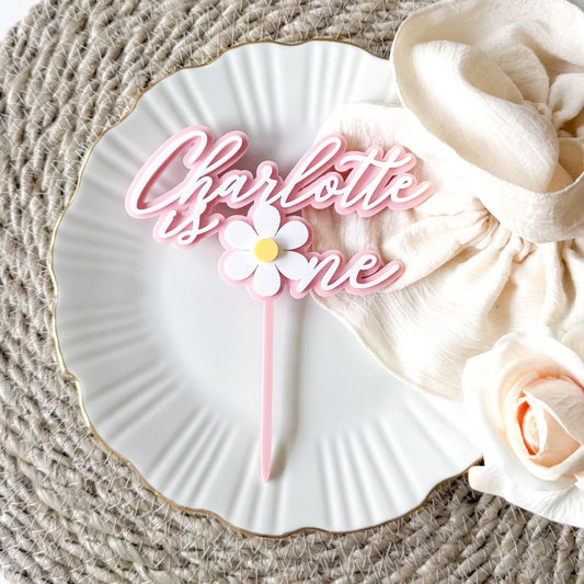 Charlotte Font with Daisy Flower Double Layer Cake Topper or Motif - 1st Birthday Cake Topper