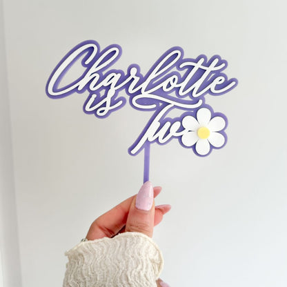Charlotte is Two Font with Daisy Flower Double Layer Cake Topper or Motif - 2nd Birthday Cake Topper