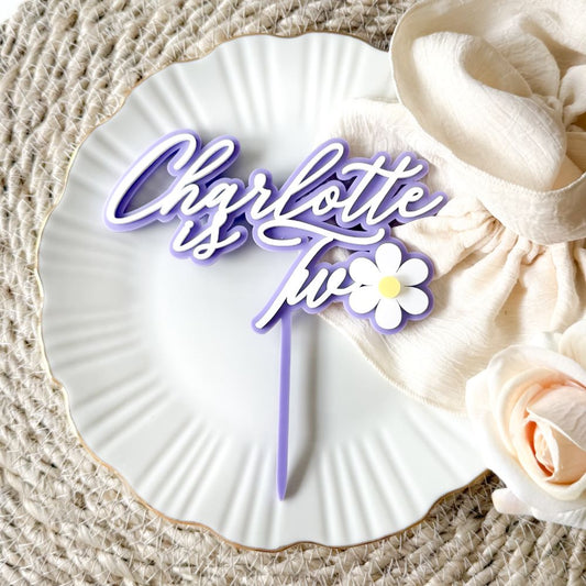 Charlotte is Two Font with Daisy Flower Double Layer Cake Topper or Motif - 2nd Birthday Cake Topper