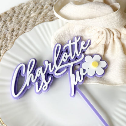 Charlotte is Two Font with Daisy Flower Double Layer Cake Topper or Motif - 2nd Birthday Cake Topper