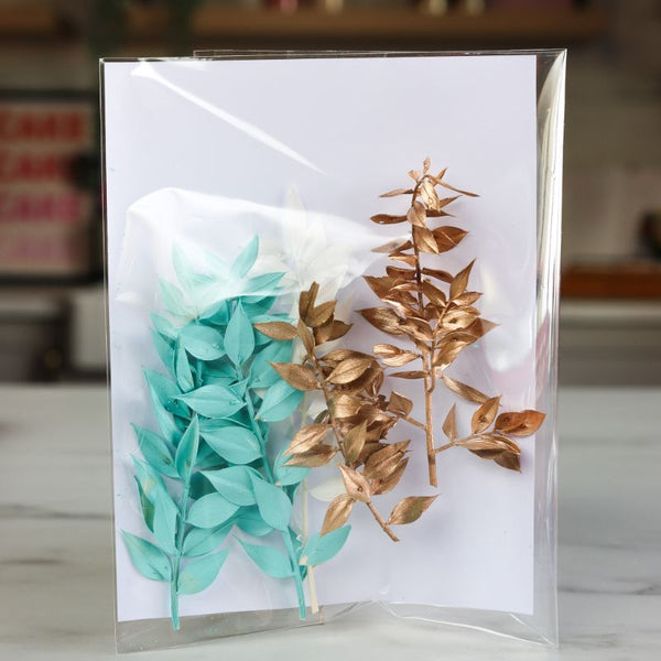 Mini Preserved Ruscus Florals - Turquoise Blue, White and Gold Set