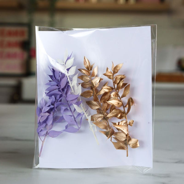 Mini Preserved Ruscus Florals - Lavender Purple, White and Gold Set