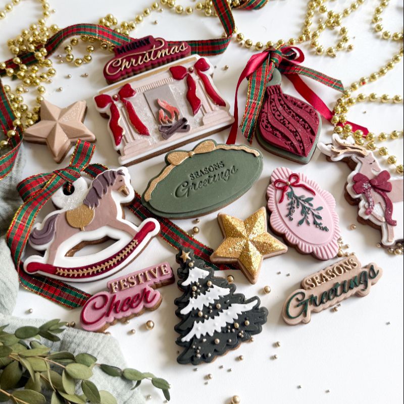 Festive Fireplace with Bows 3D Cookie Stamp and Cutter by ChellBells Cakes - suitable for two tone effect