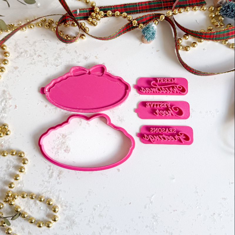 Christmas Bow Plaque 3D Cookie Stamp and Cutter by ChellBells Cakes - suitable for two tone effect