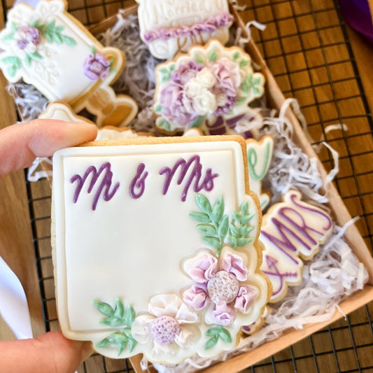 Mr & Mrs in Square with Flowers Wedding Cookie Cutter and Stamp